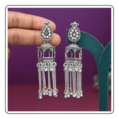 Silver Color Oxidised Earrings - LIMITED EDITION - Sattva Best of India - Silver Color Oxidised Earrings on hand fig one 