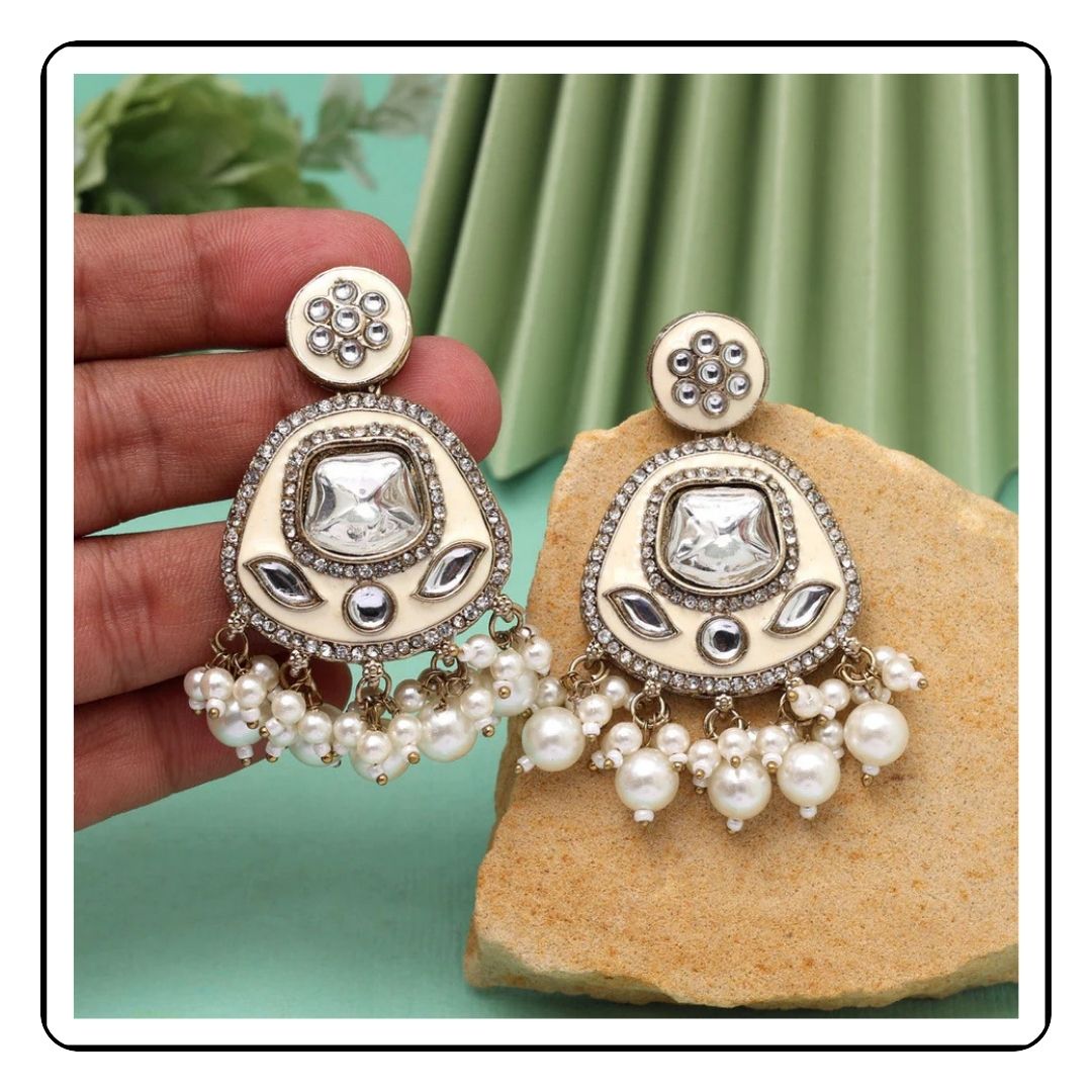 White Kundan Meenakari Earrings - Traditional Earrings- Sattva Best Of India