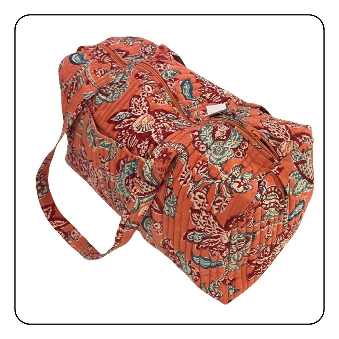 Travel Bag - Hand-Printed Organic Cotton - LIMITED EDITION - Sattva Best of India - Travel Bag - Hand-Printed Organic Cotton - LIMITED EDITION - Sattva Best of India - Travel_Bag_Orange_hand_printed_Cotton_Sattva Best of India_Top_3/4 - #tag1# - #tag2# - #tag3# - #tag1#