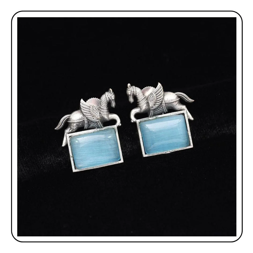 Animal Earrings with Blue Stone - Sattva Best of India - earrings_Oxidised_Silver_Stone_Blue_Winged_Horses_Sattva Best of India