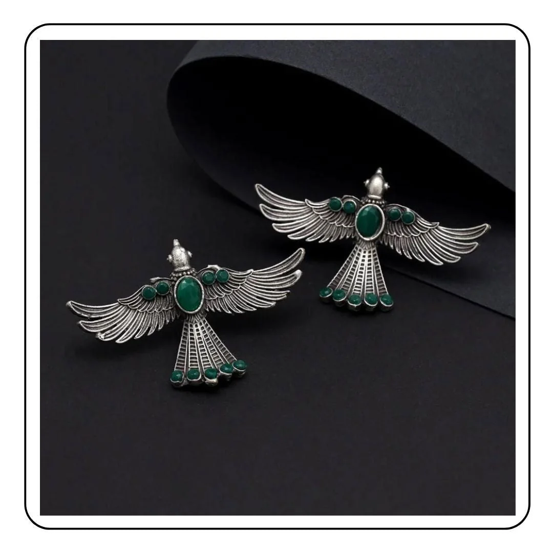 Animal Earrings with Green Stone Birds - Sattva Best of India - earrings_Oxidised_Green_Stone_Birds_Sattva Best of India_Black_Background