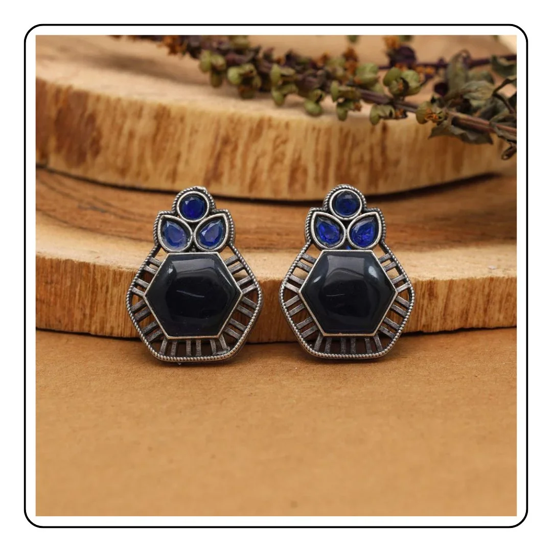 Blue Indian Small Earrings - LIMITED EDITION - Sattva Best of India - Blue Indian Small Earrings yellow background
