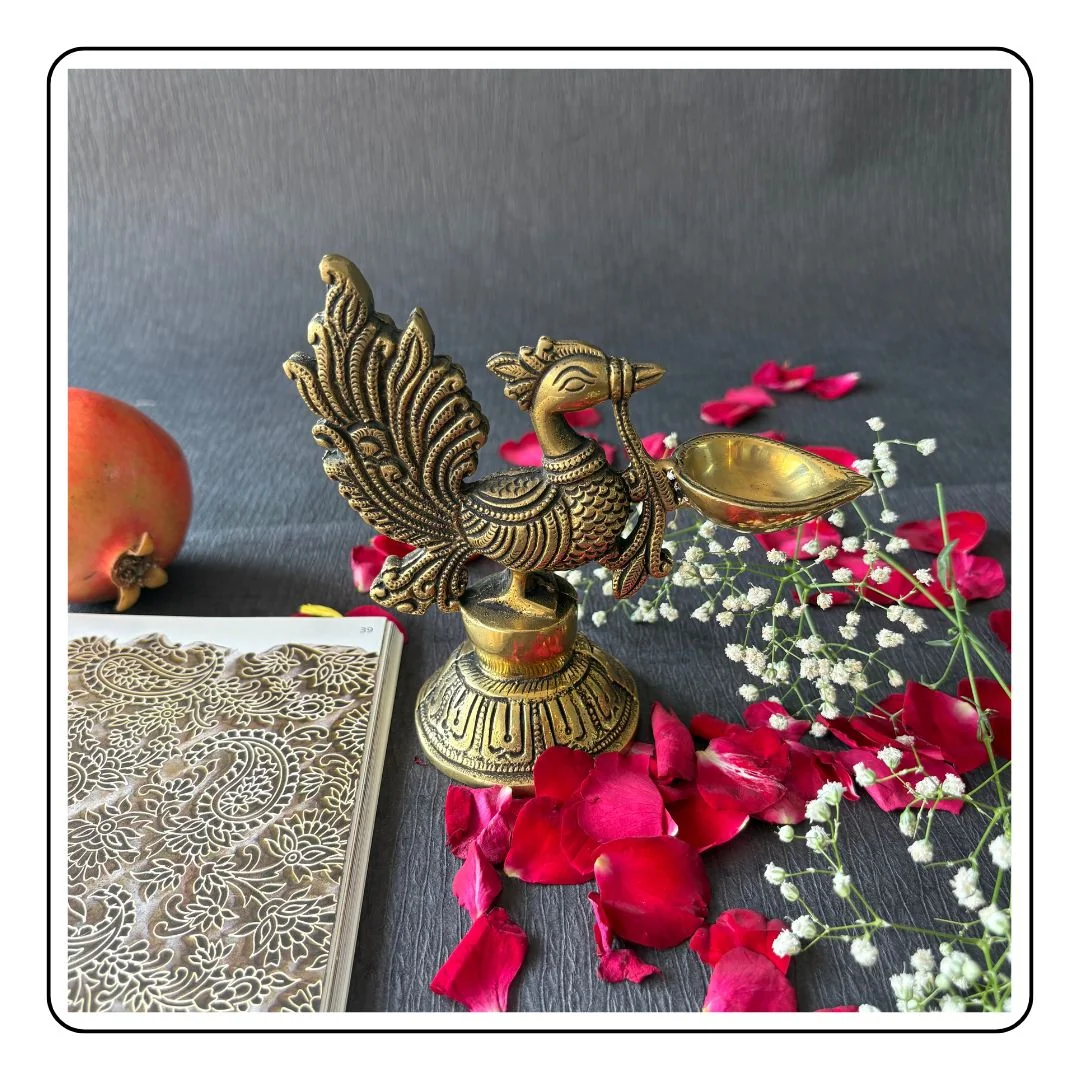 Brass Diya Peacock - LIMITED EDITION - Sattva Best of India - Brass Diya Peacock - LIMITED EDITION with flowers 2