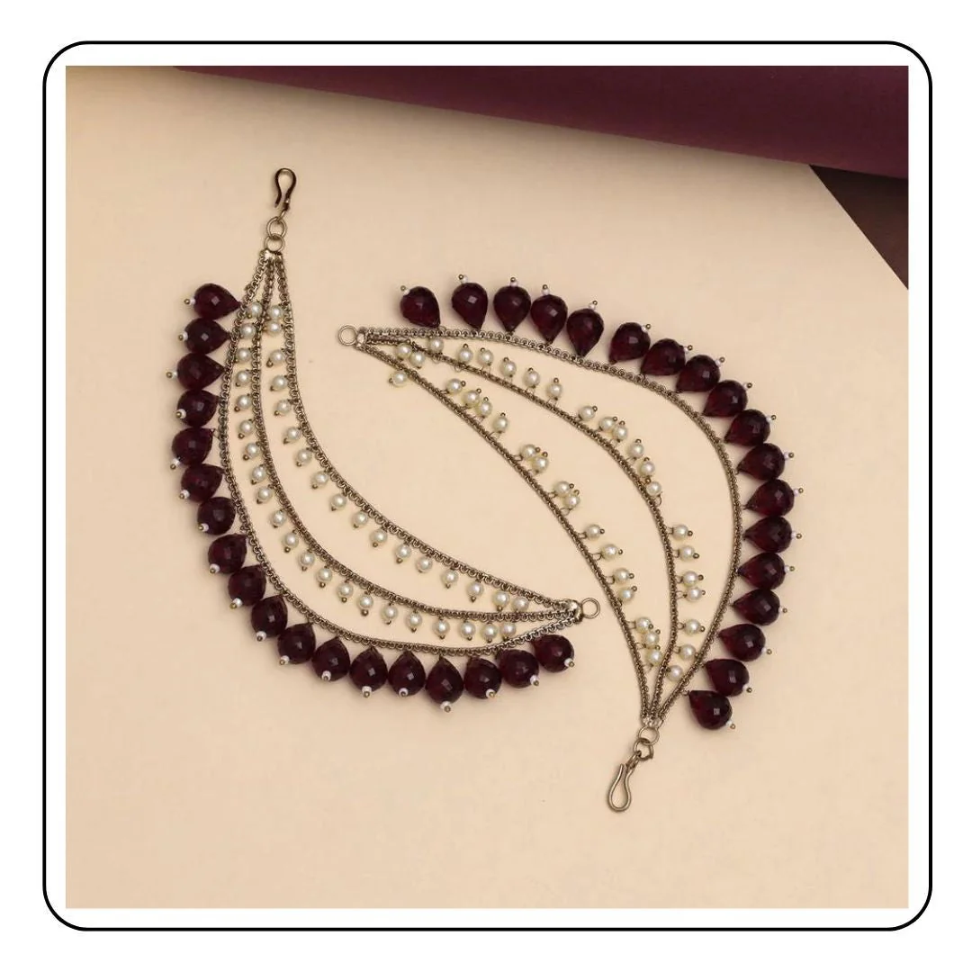 Cute Gold White Burgundy stones earrings - Sattva Best of India - earrings_Gold_Stone_White_Burgundy_Long_Traditional_Sattva Best of India-Light