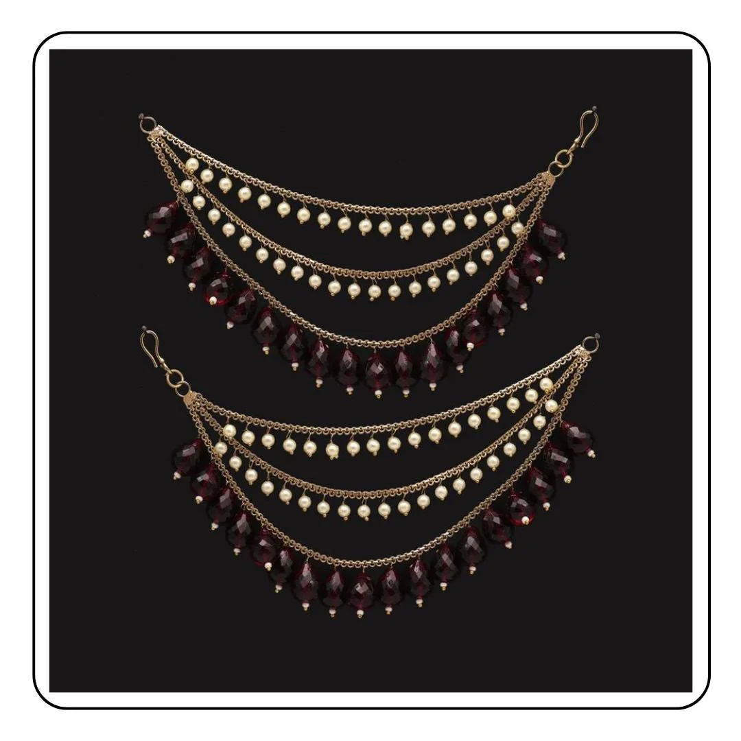 Cute Gold White Burgundy stones earrings - Sattva Best of India - earrings_Gold_Stone_White_Burgundy_Long_Traditional_Sattva Best of India