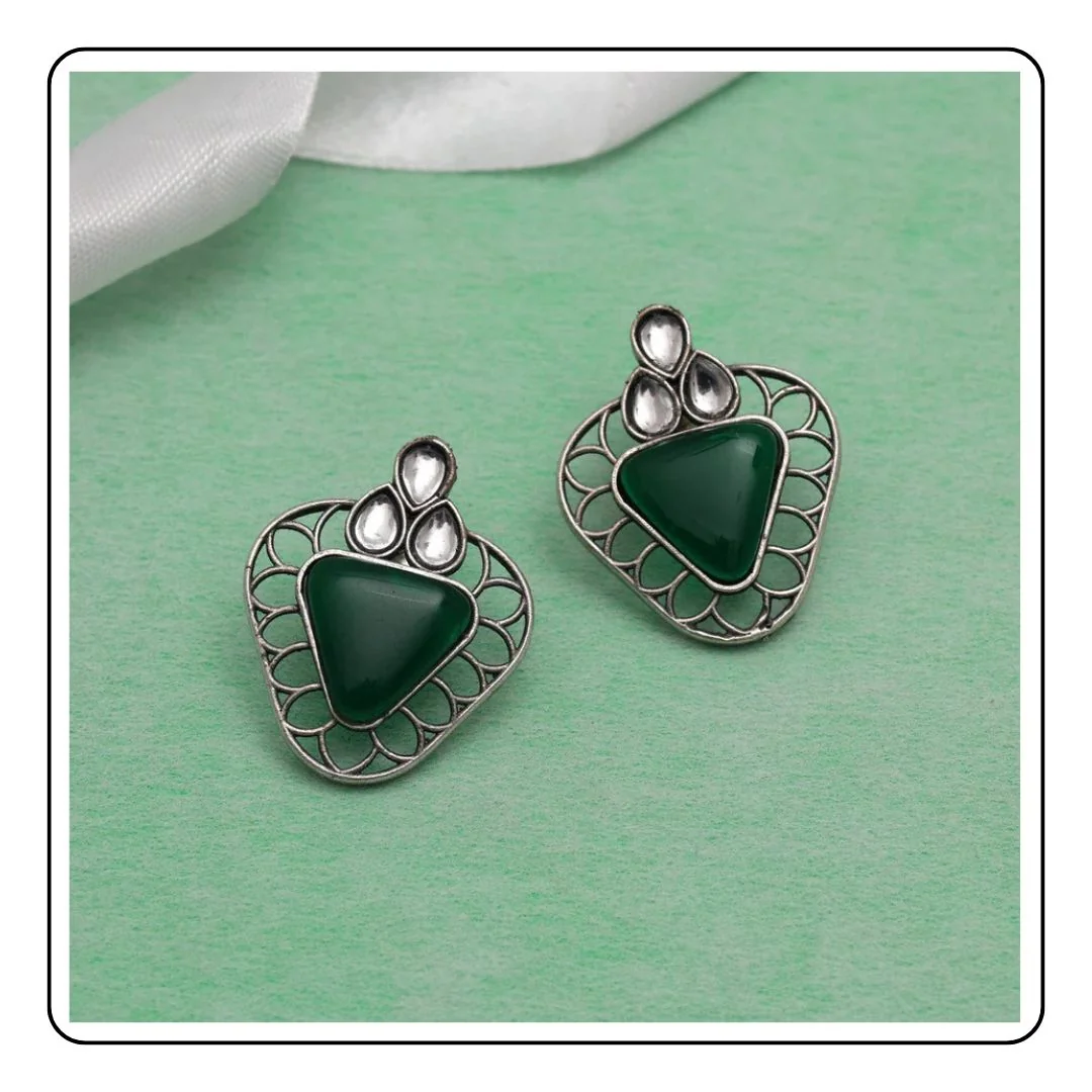 Green Color Monalisa Stone Oxidised Earrings - LIMITED EDITION - Sattva Best of India - Green Color Monalisa Stone Oxidised Earrings green background fig 2