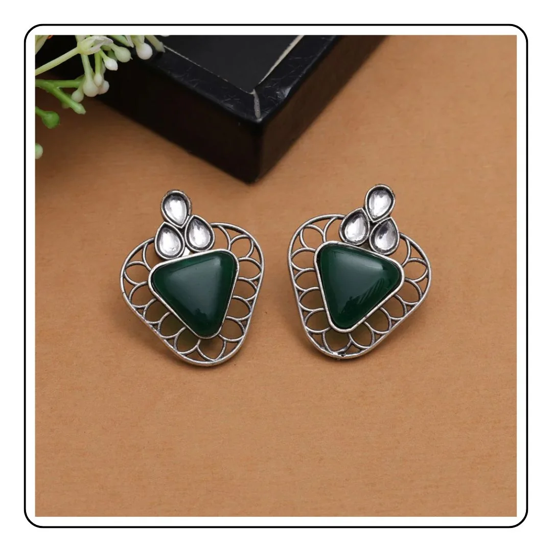 Green Color Monalisa Stone Oxidised Earrings - LIMITED EDITION - Sattva Best of India - Green Color Monalisa Stone Oxidised Earrings rust background fig 3