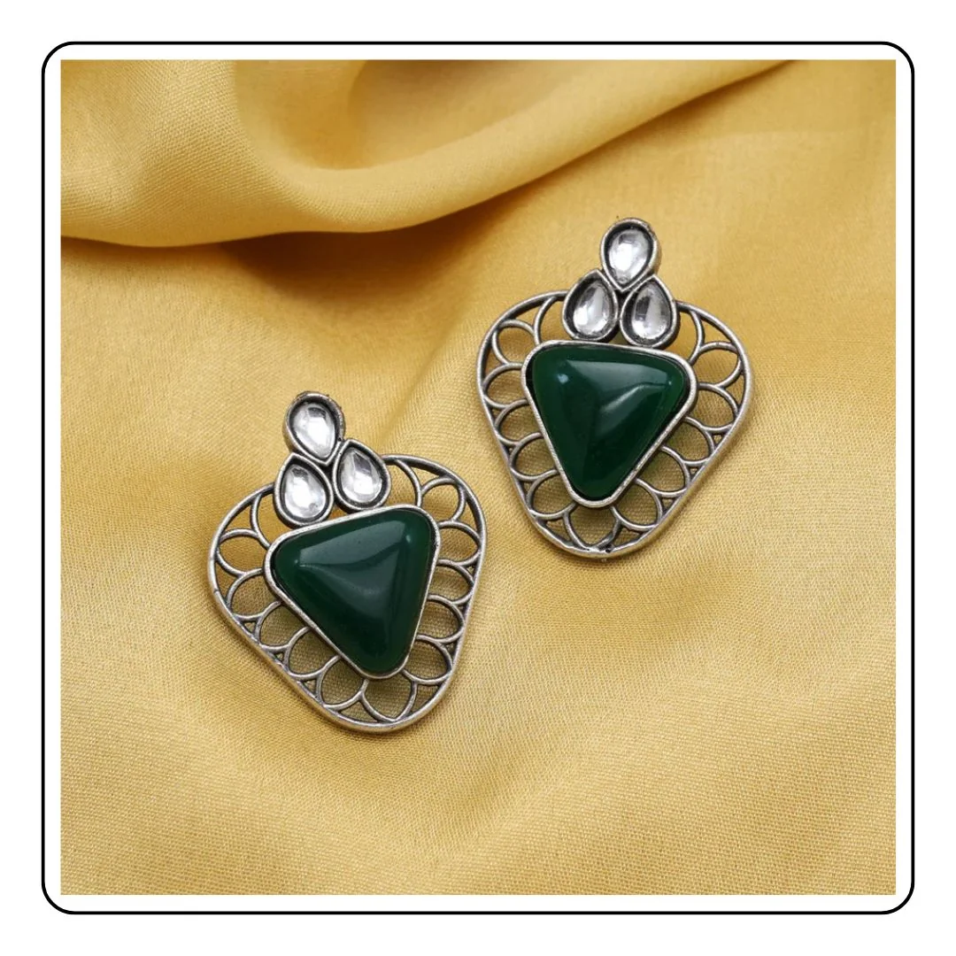 Green Color Monalisa Stone Oxidised Earrings - LIMITED EDITION - Sattva Best of India - Green Color Monalisa Stone Oxidised Earrings yellow background fig 1