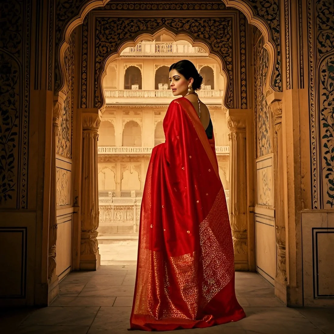 Lady wearing Precious Red Saree
