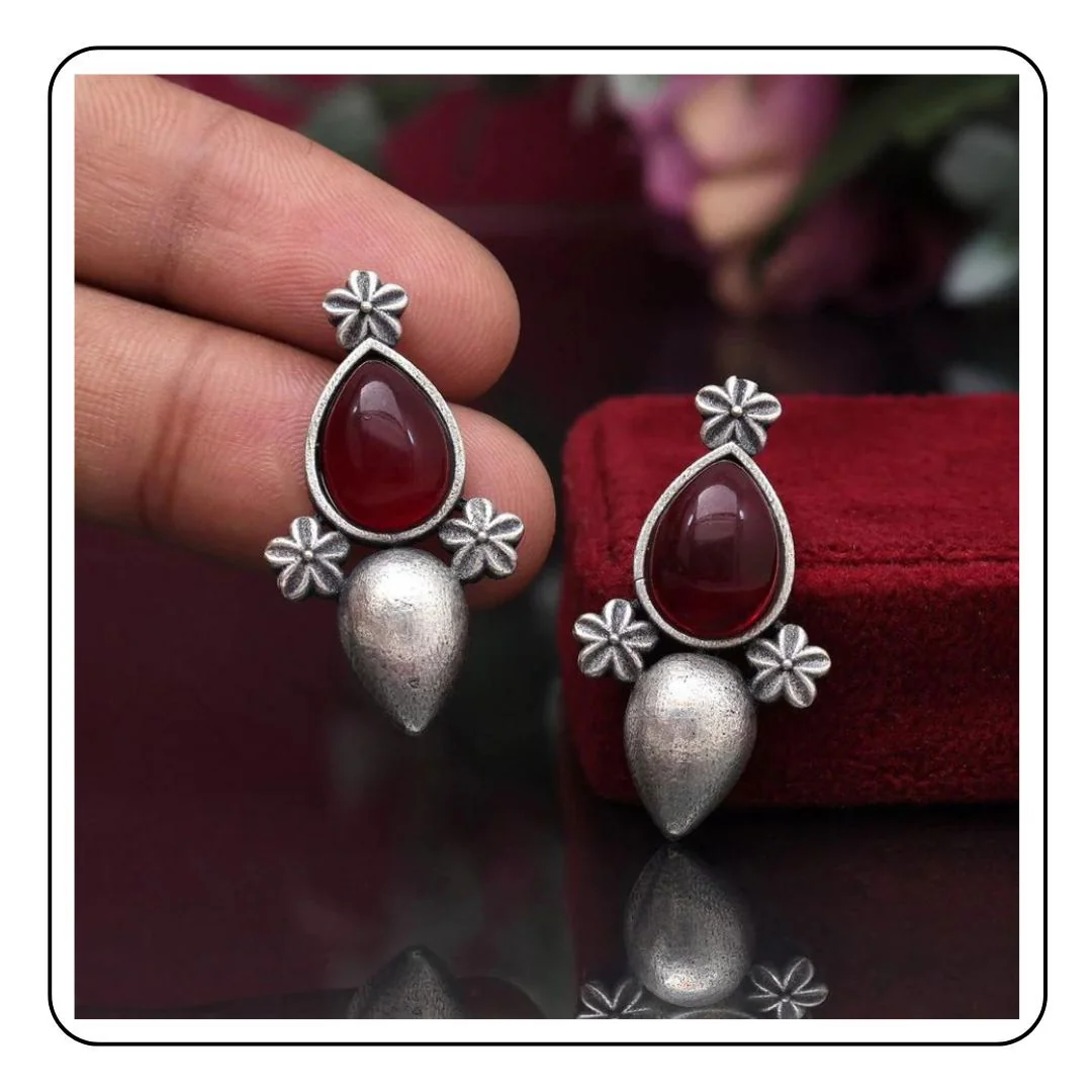 Oxidised Silver Earrings with Burgundy Stone - Sattva Best of India - earrings_Oxidised_Silver_Stone_Burgundy_Sattva Best of India