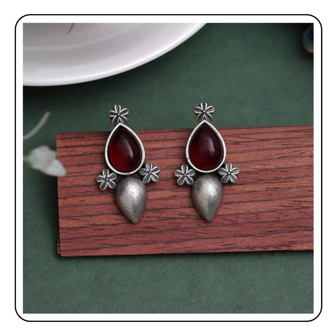 Oxidised Silver Earrings with Burgundy Stone - Sattva Best of India - earrings_Oxidised_Silver_Stone_Burgundy_Sattva Best of India_Wood