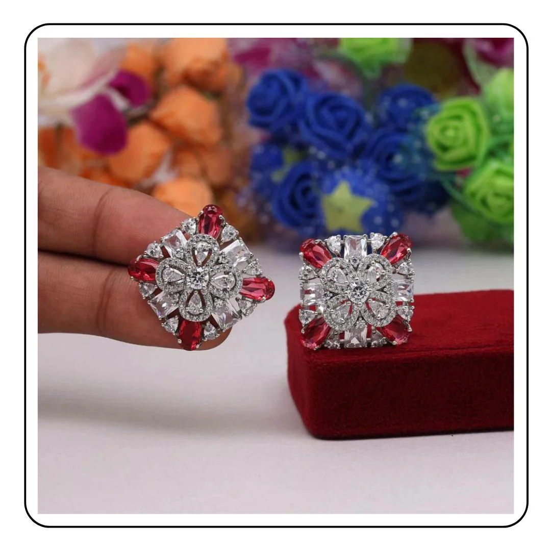 Ruby Pink faux stone earrings - Sattva Best of India - earrings_Silver_Stone_Ruby_Pink_Traditional_Rani_Sattva Best of India_Light_Background