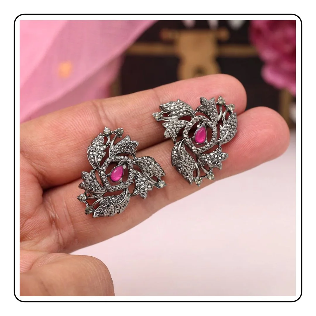 Ruby Red Color Black Antique Earrings - LIMITED EDITION - Sattva Best of India - Ruby Red Color Black Antique Earrings on hand fig 1