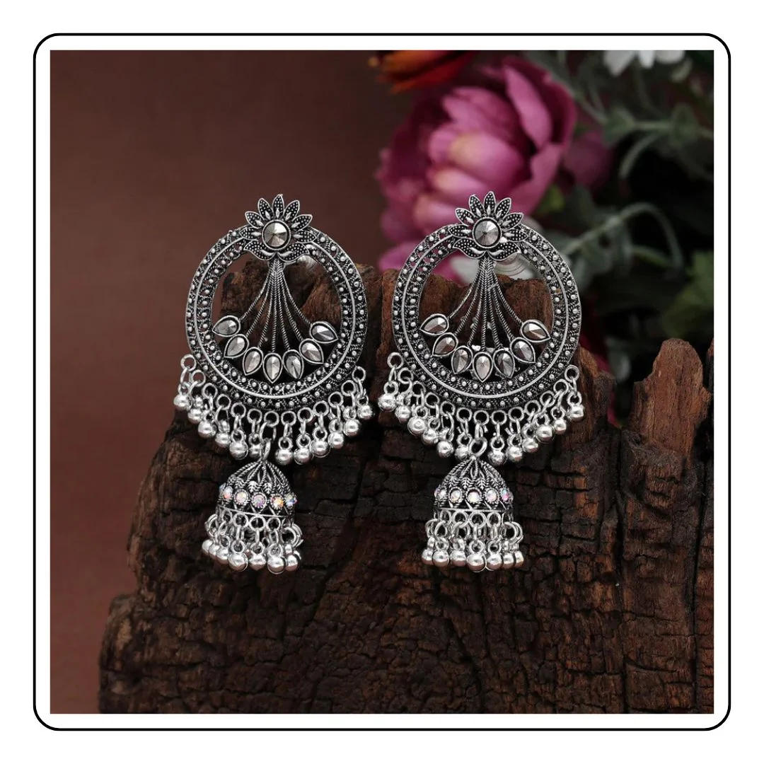Silver Color Oxidised Earrings - LIMITED EDITION - Sattva Best of India - Silver Color Oxidised Earrings wood background