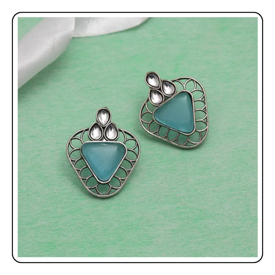 Sky Blue Color Monalisa Stone Oxidised Earrings - LIMITED EDITION - Sattva Best of India - Sky Blue Color Monalisa Stone Oxidised Earrings green background