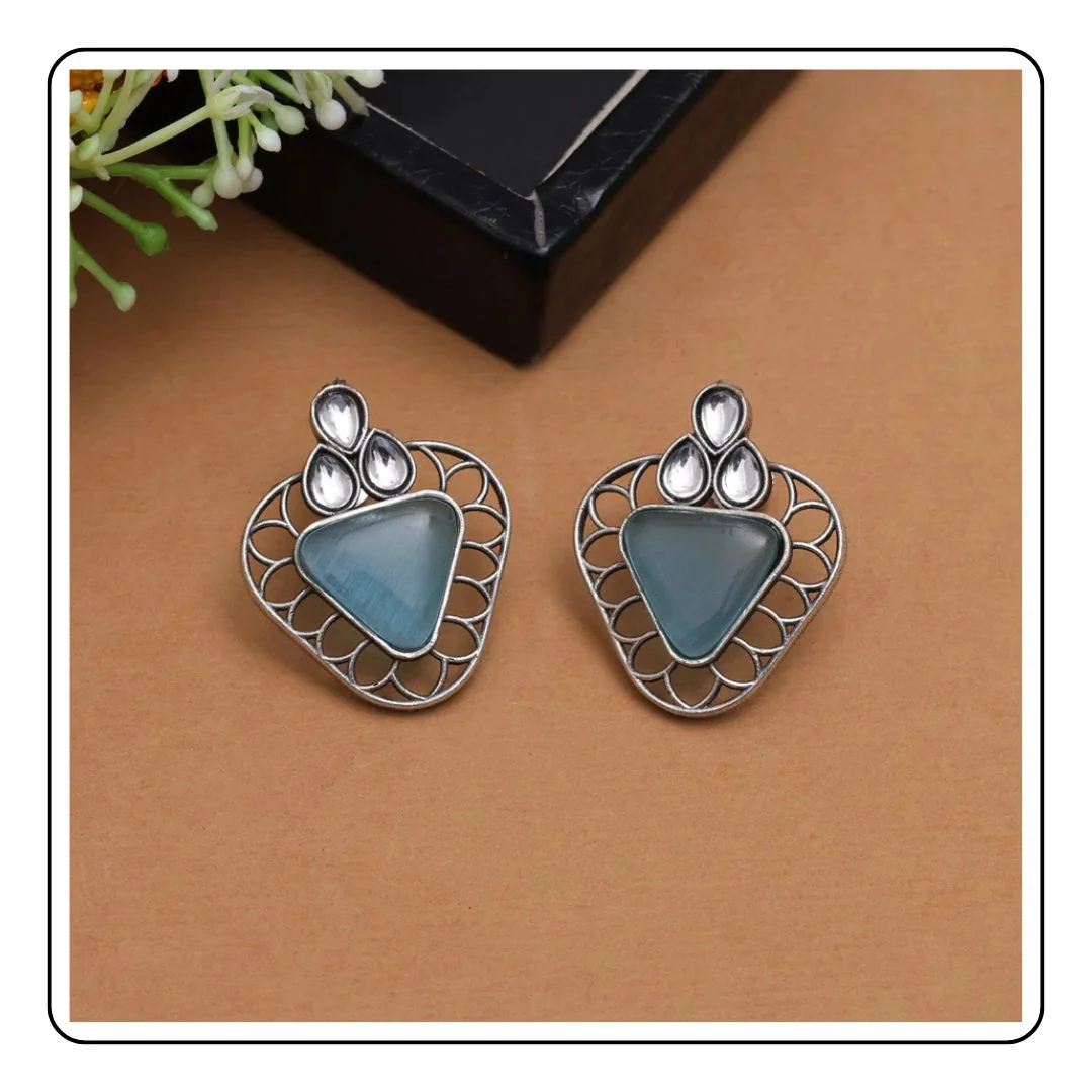 Sky Blue Color Monalisa Stone Oxidised Earrings - LIMITED EDITION - Sattva Best of India - Sky Blue Color Monalisa Stone Oxidised Earrings rust background