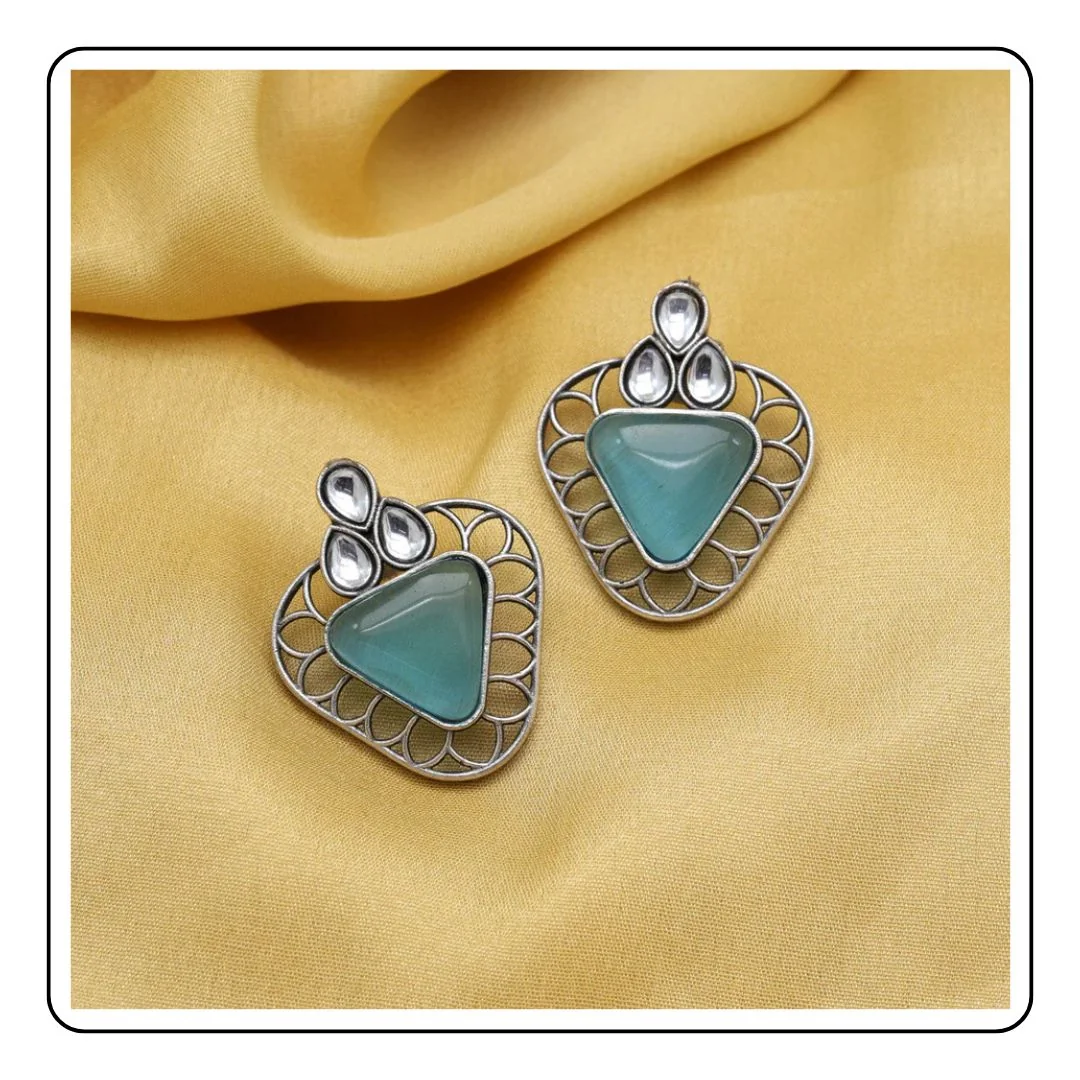 Sky Blue Color Monalisa Stone Oxidised Earrings - LIMITED EDITION - Sattva Best of India - Sky Blue Color Monalisa Stone Oxidised Earrings yellow background