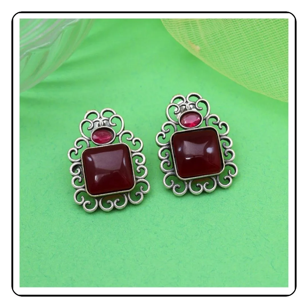 Square Maroon Oxidized Dangles - Sattva Best of India -