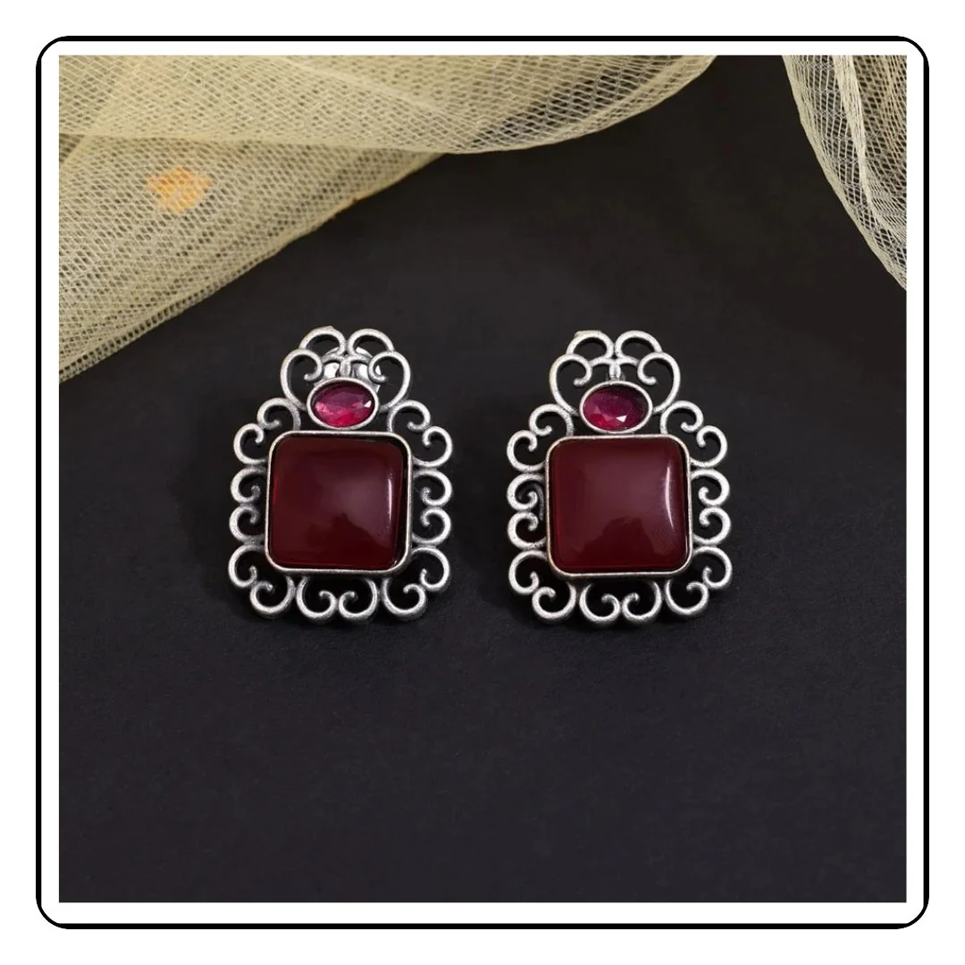 Square Maroon Oxidized Dangles - Sattva Best of India -